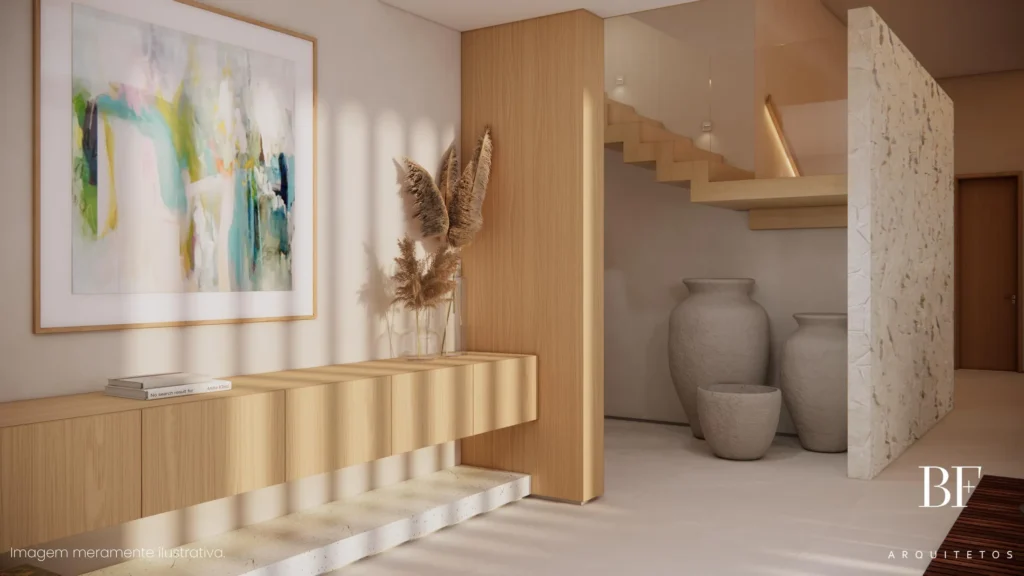 Hall de entrada da Casa Itanhangá, com escada e painel em madeira