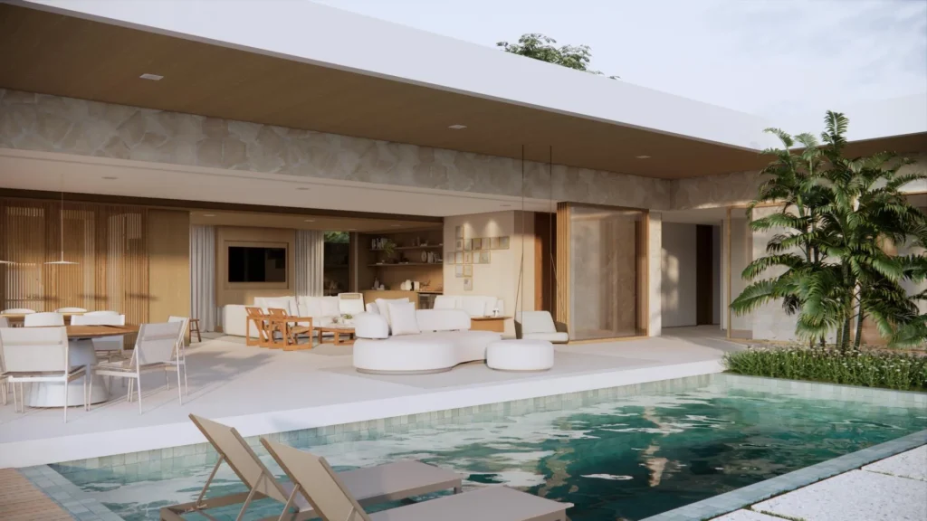 Piscina e deck da Casa Itanhangá, com jardim e paisagismo