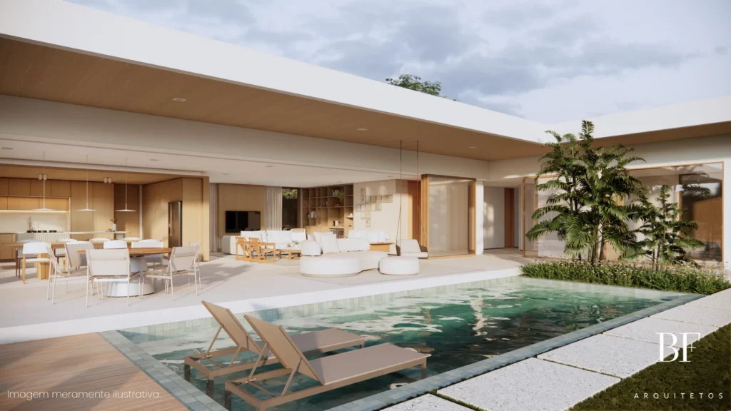 Casa Itanhangá: área social aberta para a piscina, sob cobertura em laje plana