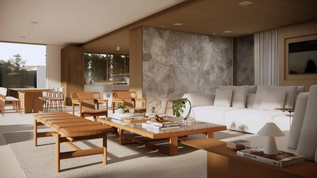 Sala de estar da Casa Itanhangá, integrada à varanda