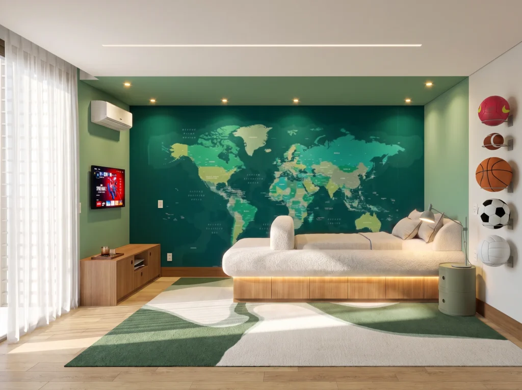 Perspectiva 3D do quarto infantil da Residência Tangará Seleto, com painel de mapa-múndi.