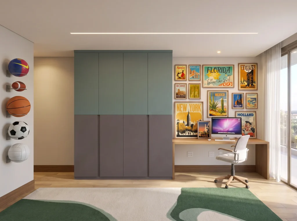 Perspectiva 3D da bancada de estudos do quarto infantil da Residência Tangará Seleto.