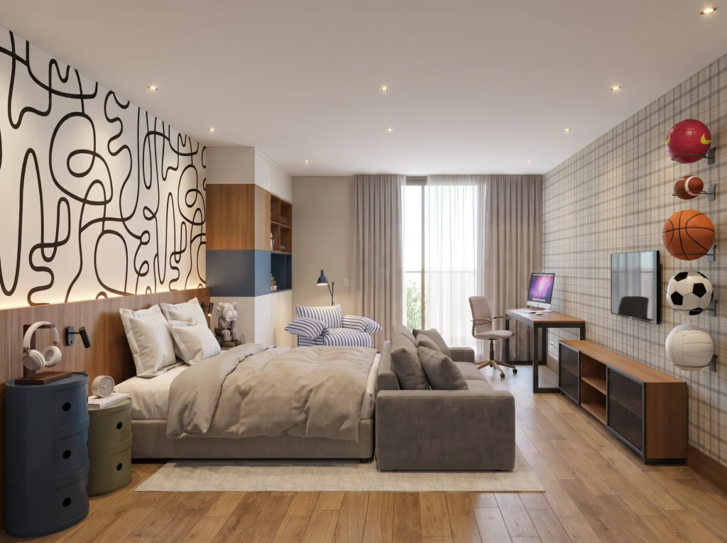 Perspectiva 3D do quarto do filho na Residência Tangará Seleto, com painel grafismo e estar integrado.
