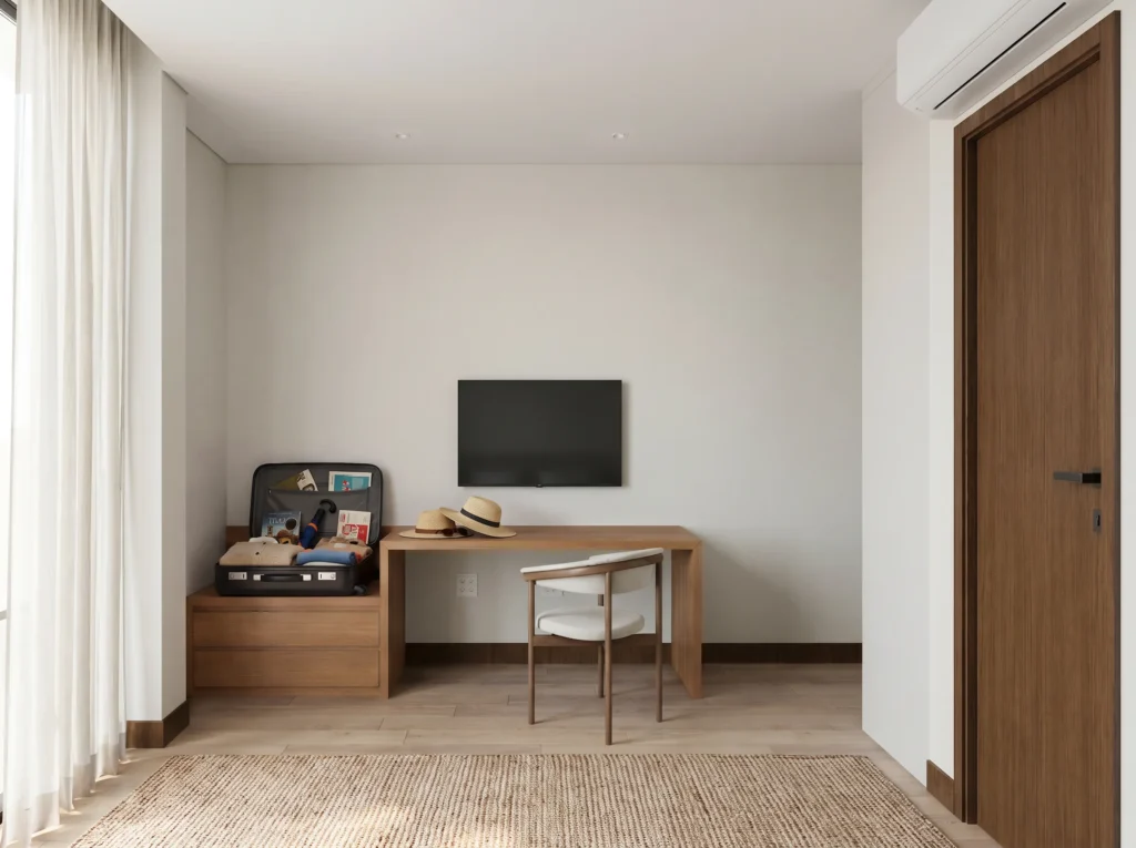 Perspectiva 3D da bancada da suíte de hóspedes da Residência Tangará Seleto.