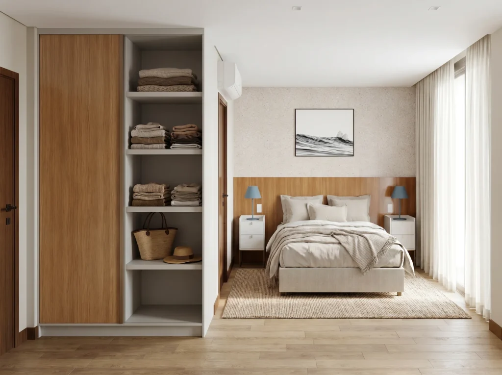 Perspectiva 3D da suíte de hóspedes da Residência Tangará Seleto, com closet aberto em madeira.