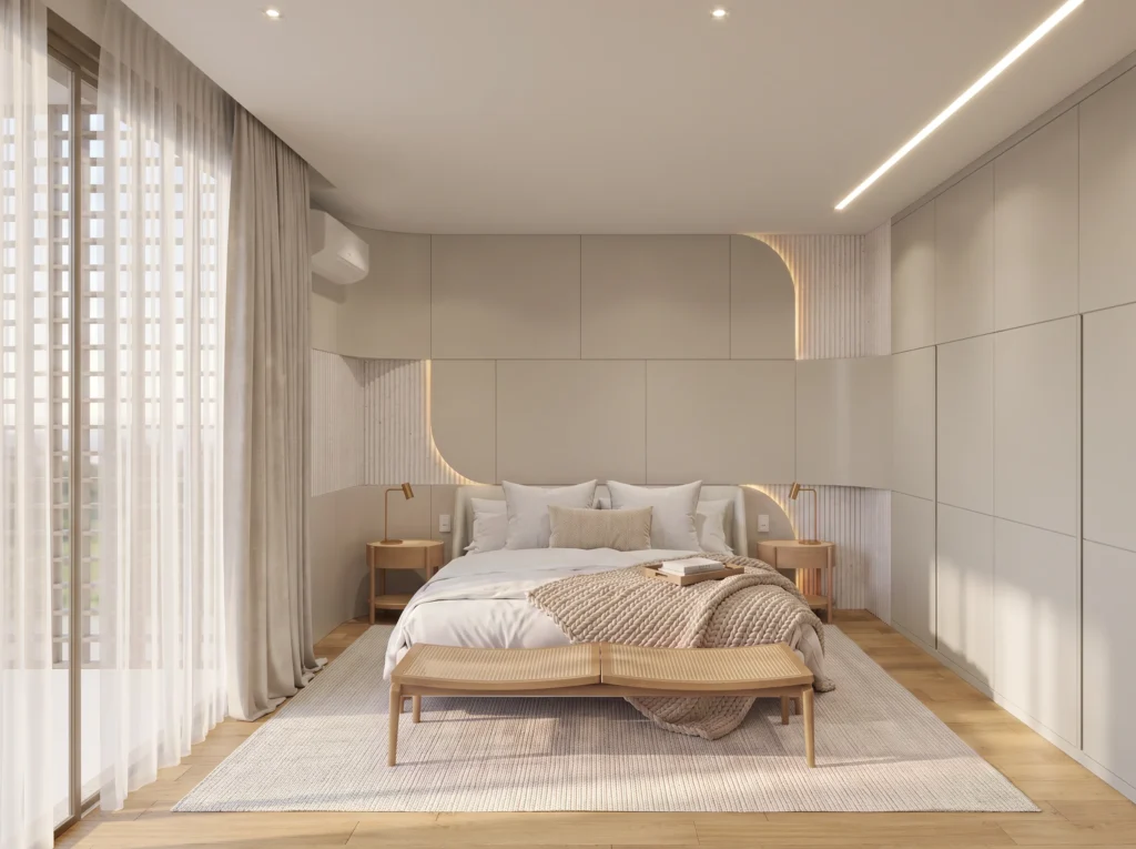 Perspectiva 3D da suíte principal da Residência Tangará Seleto: cama, marcenaria clara e cortina até o chão.