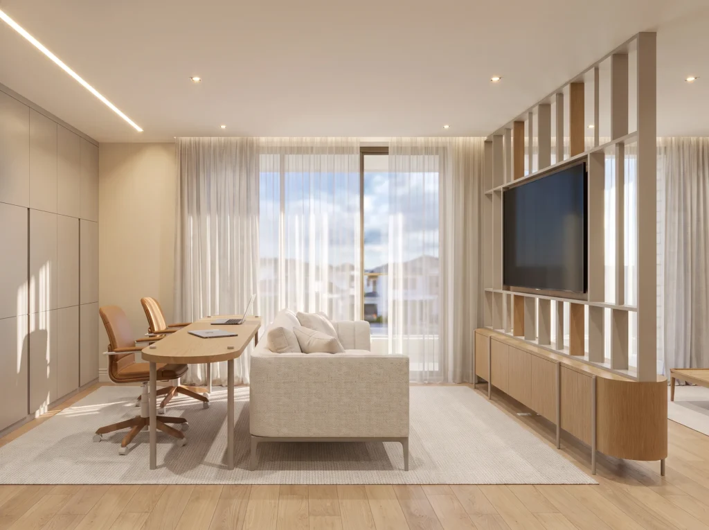 Perspectiva 3D do estar da suíte principal da Residência Tangará Seleto, com mesa de trabalho e painel de TV.