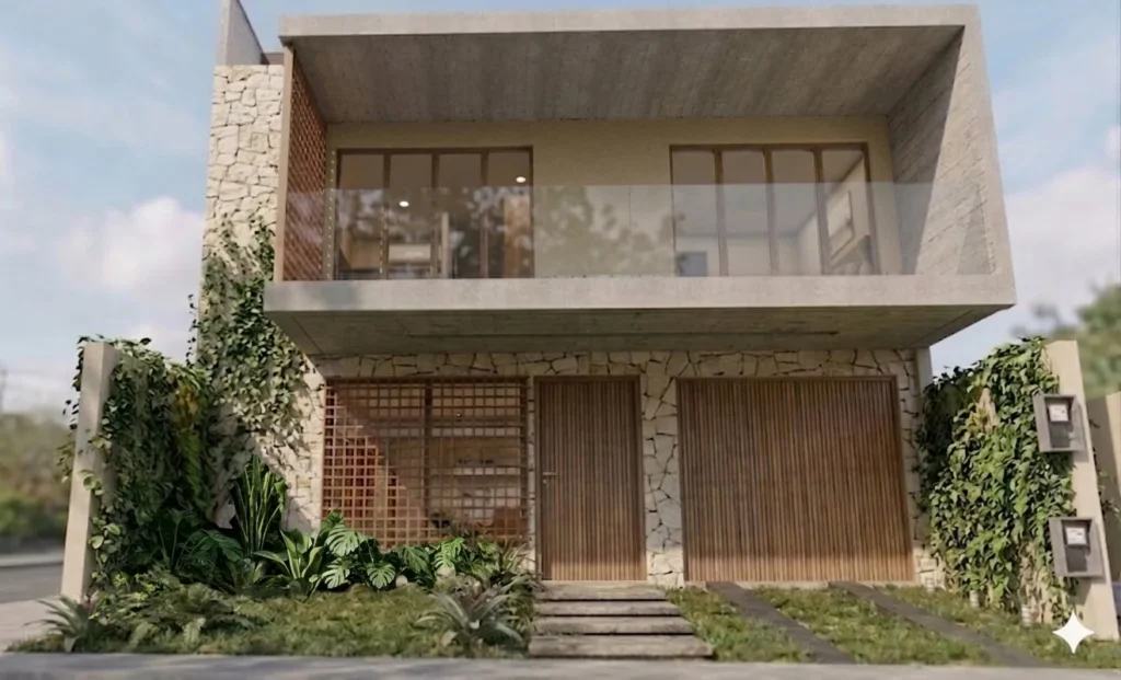 Entrada da Casa Tangará Seleto, com revestimento em pedra e portões de madeira