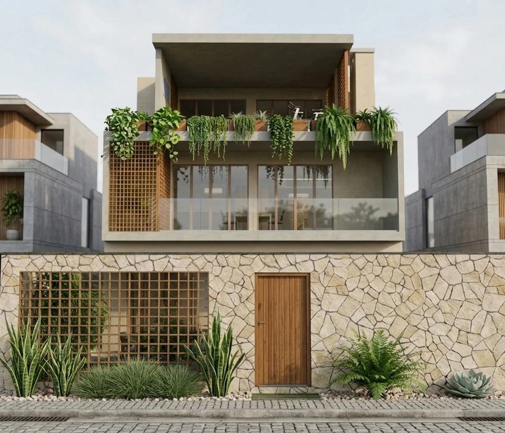 Fachada frontal da Casa Tangará Seleto, com muro em pedra e treliça de madeira