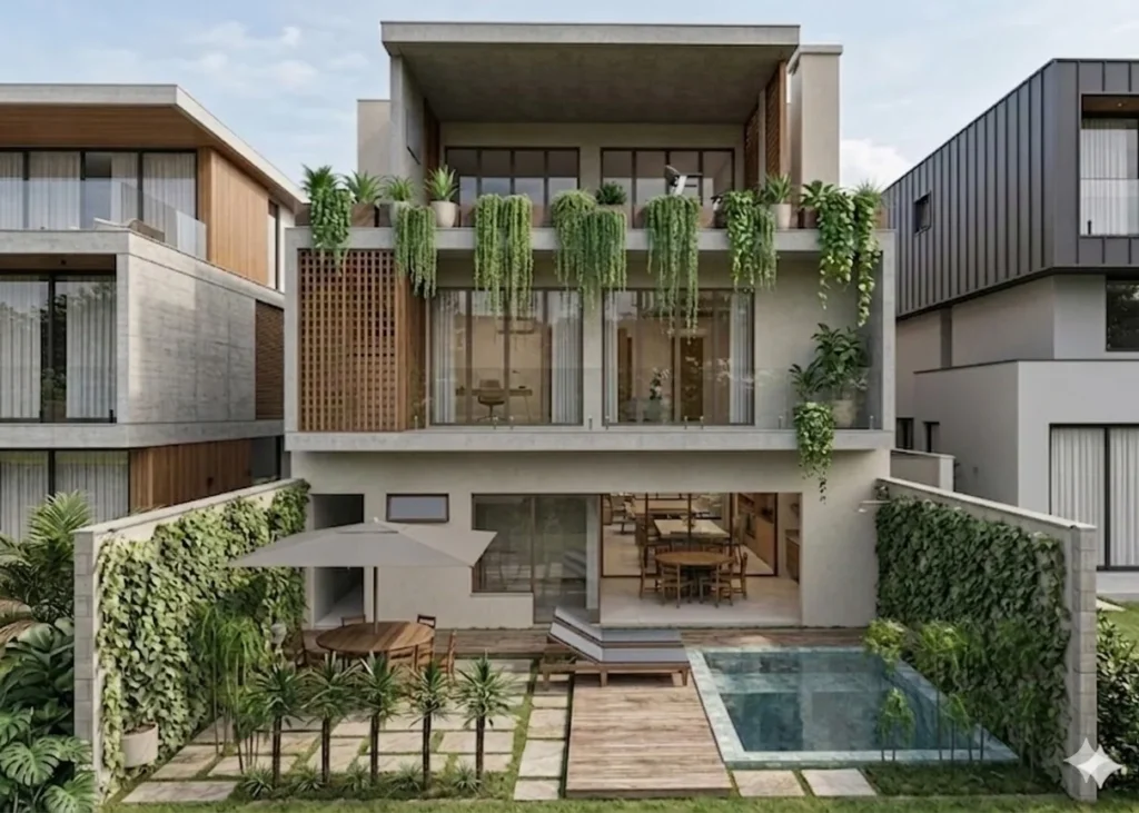 Fachada de fundos da Casa Tangará Seleto, com os três pavimentos, jardim vertical e piscina