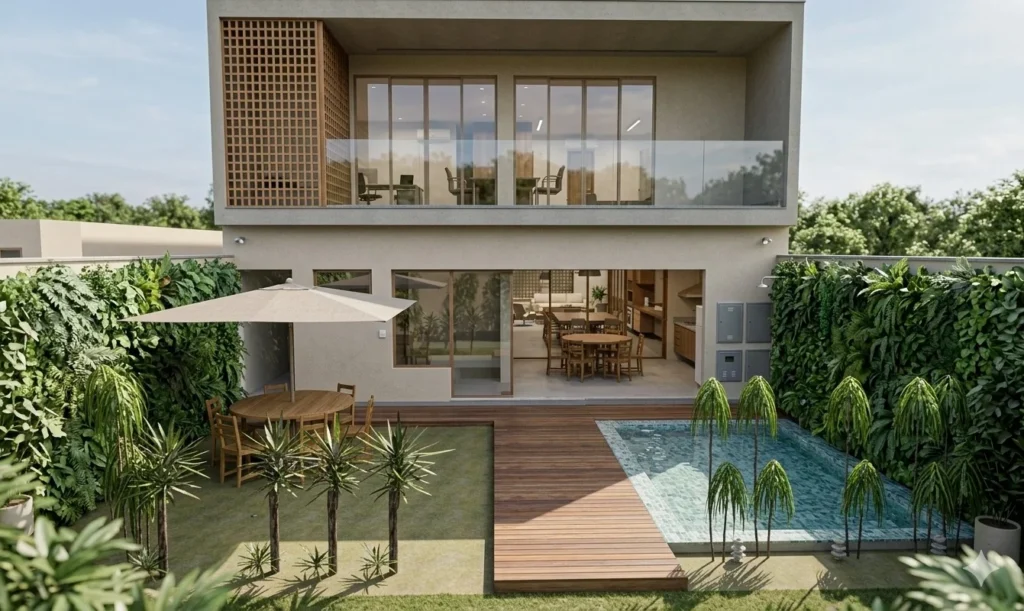 Casa Tangará Seleto: deck de madeira, piscina e área social aberta para o jardim